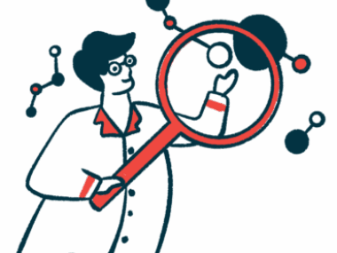 A researcher holds a giant magnifying glass in front of a string of connected molecules.