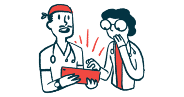 An illustration showing two doctors looking at information on a tablet's screen.