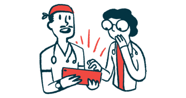 An illustration showing two doctors looking at information on a tablet's screen.