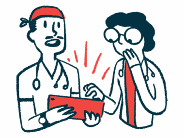 An illustration showing two doctors looking at information on a tablet's screen.