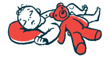 An infant is show sleeping with a pillow and teddy bear.