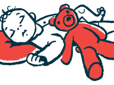 An infant is show sleeping with a pillow and teddy bear.