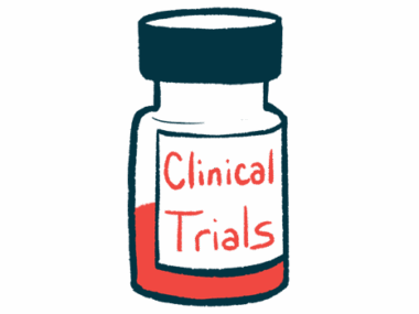 A medicine bottle, half full of liquid, is labeled clinical trials.