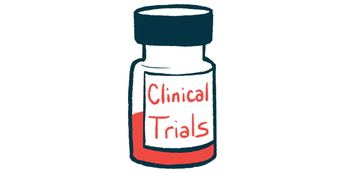 A medicine bottle, half full of liquid, is labeled clinical trials.