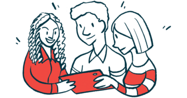Three people look at a tablet and discuss what is displayed.