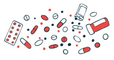 Different kinds of oral medications are scattered alongside two prescription pill bottles.