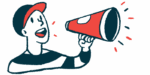 A person is shown making an announcement using a megaphone.