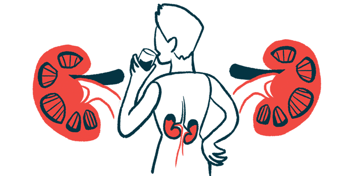 A person drinks from a glass in an illustration that magnifies his kidneys.
