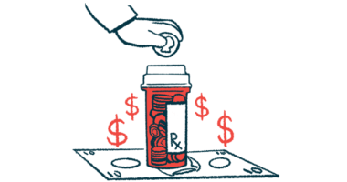 A hand drops a coin into a prescription medication bottle that stands on a stack of bills.