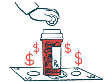A hand drops a coin into a prescription medication bottle that stands on a stack of bills.