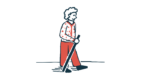 An elderly woman walks with a walking stick.