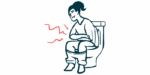 A woman sits on a toilet holding her stomach with red lines radiating outward to indicate pain.