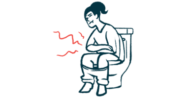 A woman sits on a toilet holding her stomach with red lines radiating outward to indicate pain.