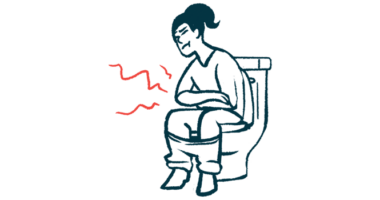 A woman sits on a toilet holding her stomach with red lines radiating outward to indicate pain.