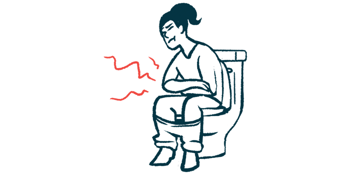 A woman sits on a toilet holding her stomach with red lines radiating outward to indicate pain.