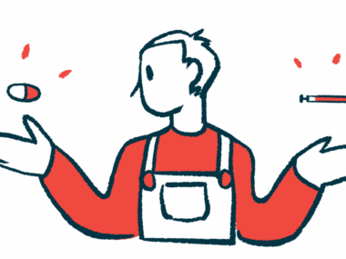 A person wearing overalls weighs two medicine choices, with an oral medication seen above one hand and a syringe above the other.