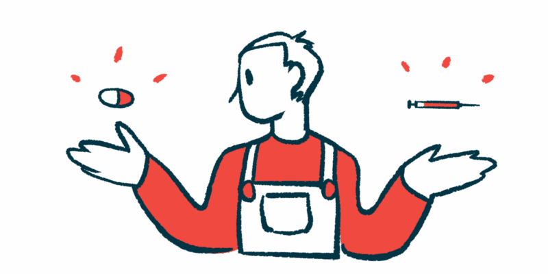 A person wearing overalls weighs two medicine choices, with an oral medication seen above one hand and a syringe above the other.