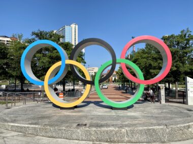 The Olympic rings are pictured at Centennial Olympic Park in Atlanta to commemorate the 1996 Summer Olympics.
