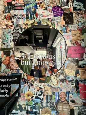 A collage of various magazine cutouts and photos wraps around a circle in the middle which is a mirror image of the author with the words "Not famous but known" in the center.